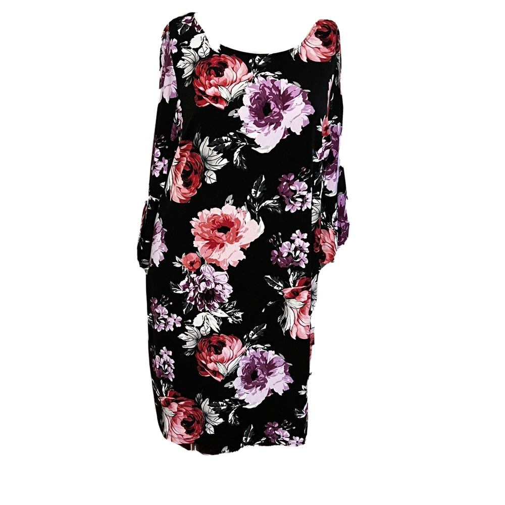 Roz & Ali Black Dress 2X Purple Pink FLORAL print stretch 3/4 bell sleeve NWOT